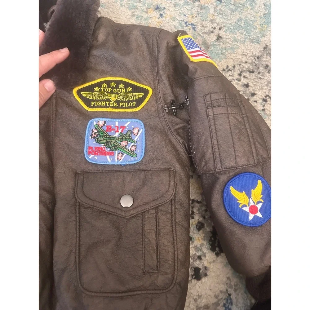 Business Innovations Kids WWII Style Bomber Jacket Brown Faux Leather Small 2/4